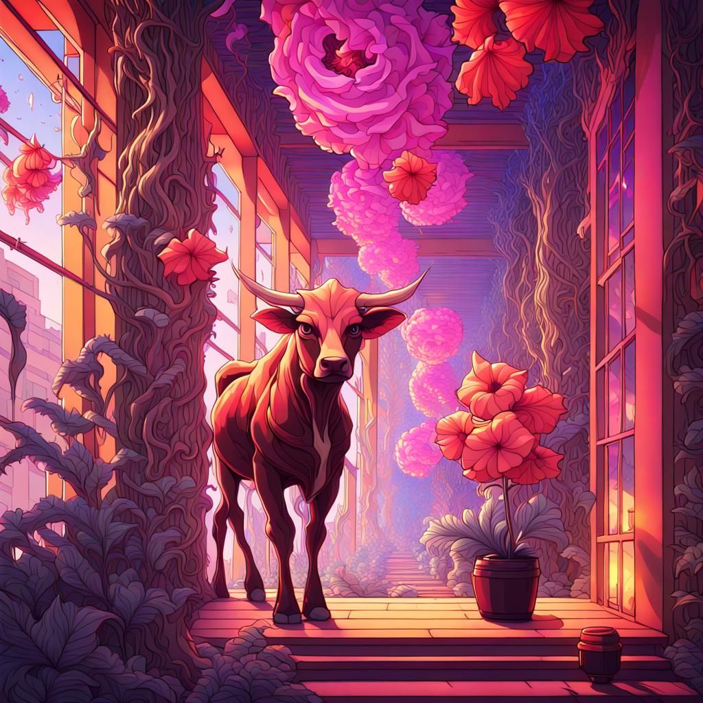 Abstract Diarama of Cow, Dragon, and Plant Life