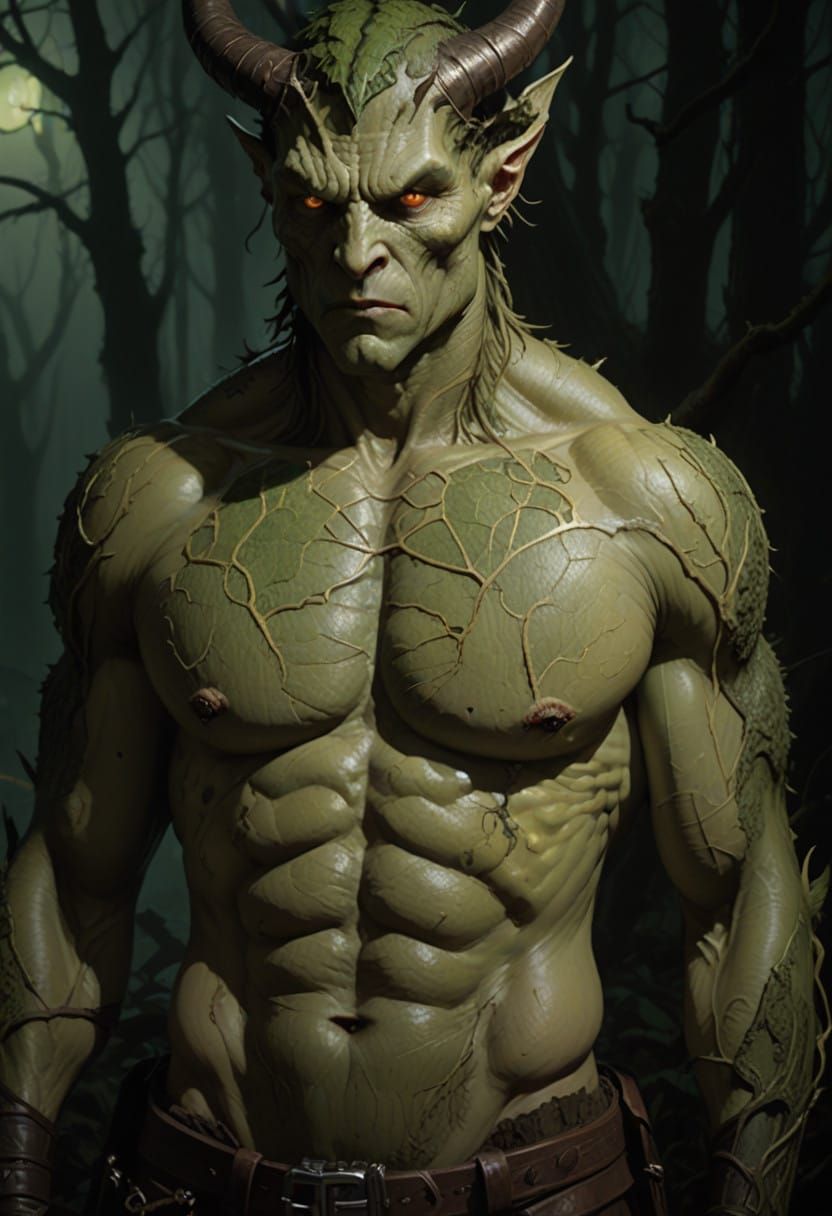 Hyperrealistic Demon Man in a Misty Forest Landscape