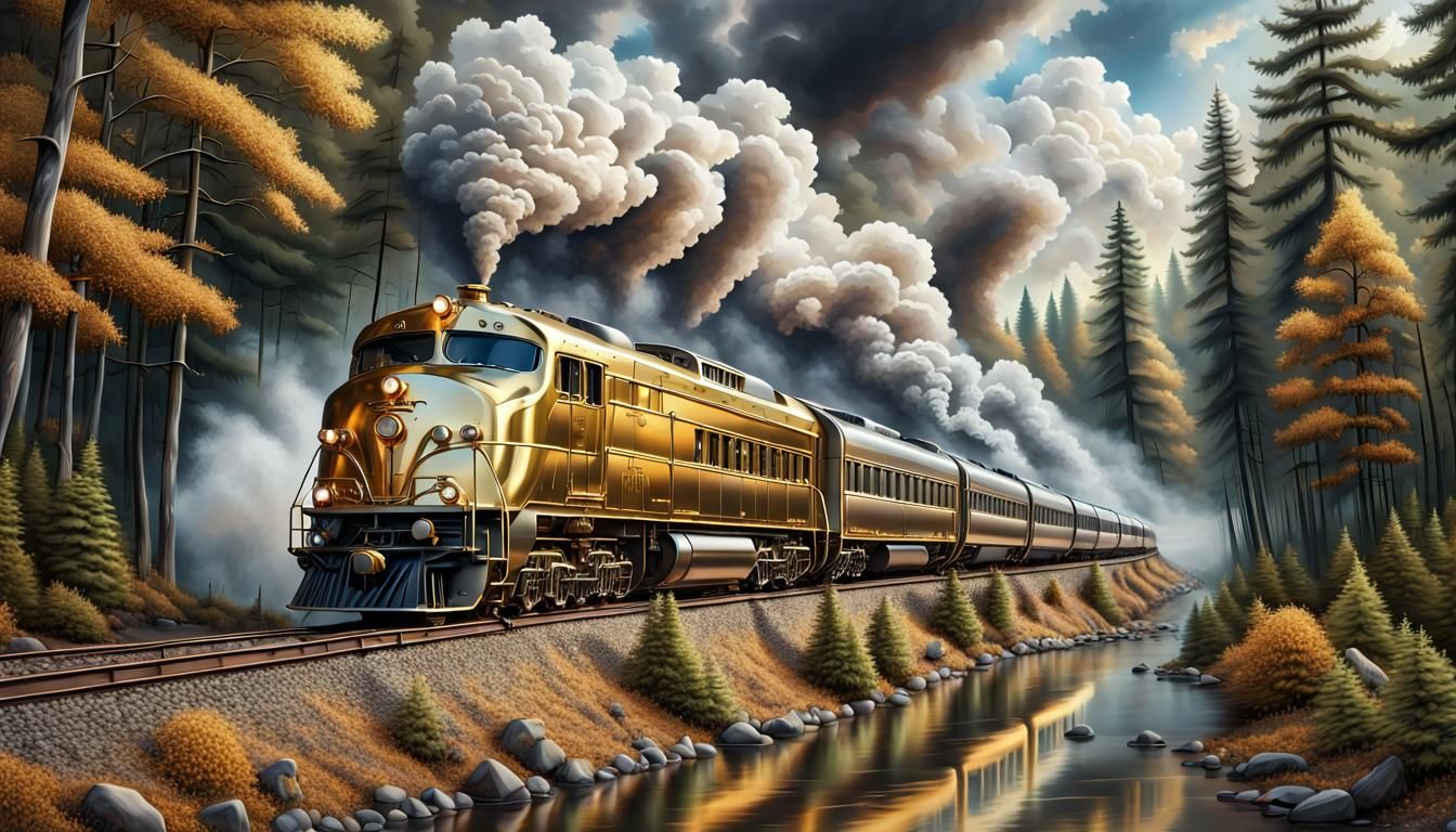 Gold Train Travels Through Forest in Hyper-Realistic Style