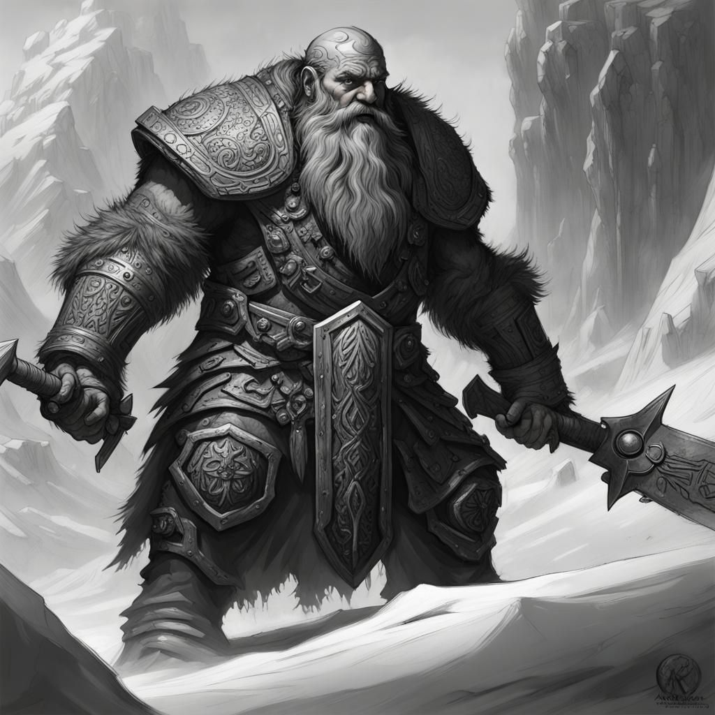 Dwarf Battles Ice Giant: Intricate Dark Fantasy Art