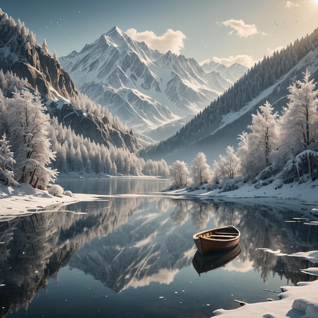 Snowy Mountain Lake with Boat: Fantasy Concept Art