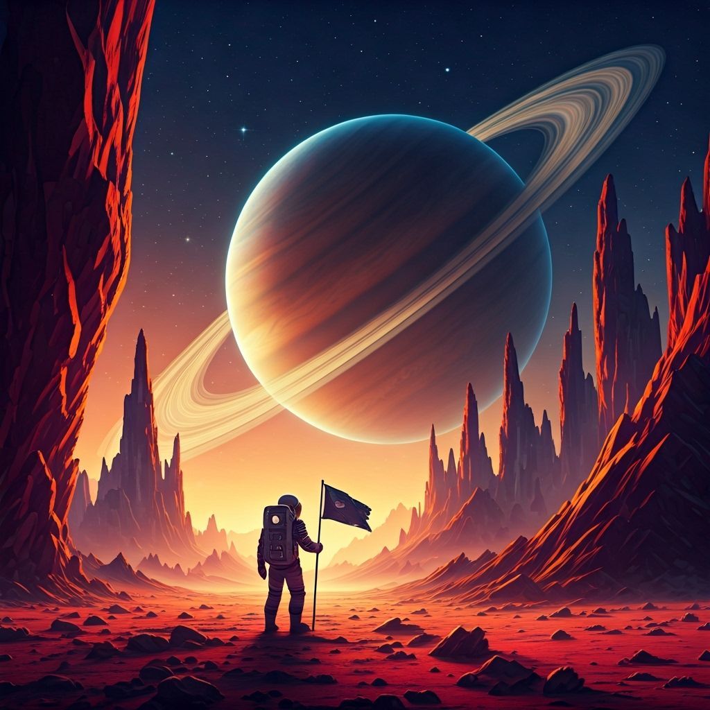 Astronaut Plants Flag on Crimson Alien World