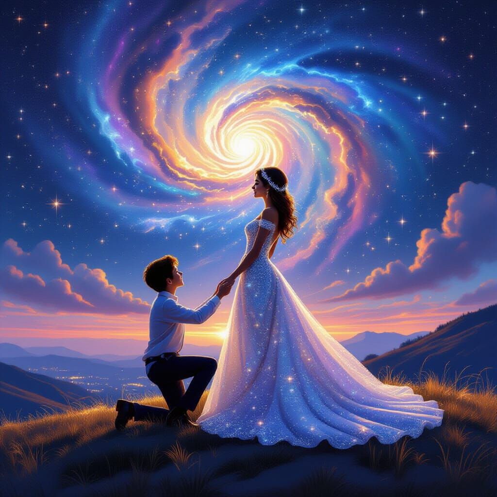 Couple's Cosmic Proposal with Diamond Dress Under Nebula