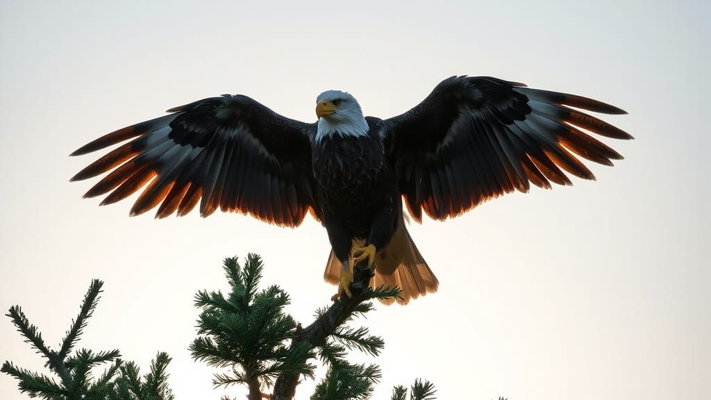 Solemn Bald Eagle Perched in Majestic Evergreen