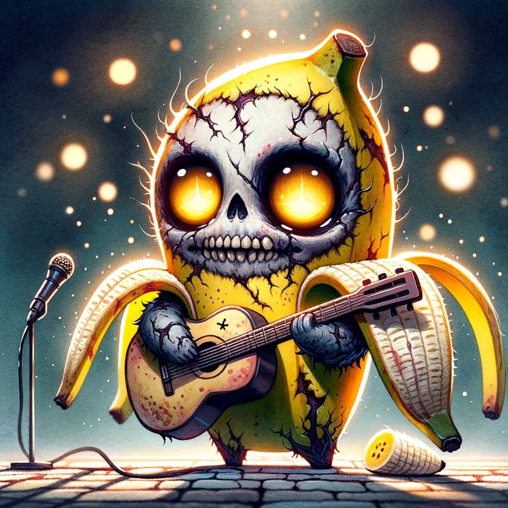 Humorous Undead Banana Rocker in Watercolor Style
