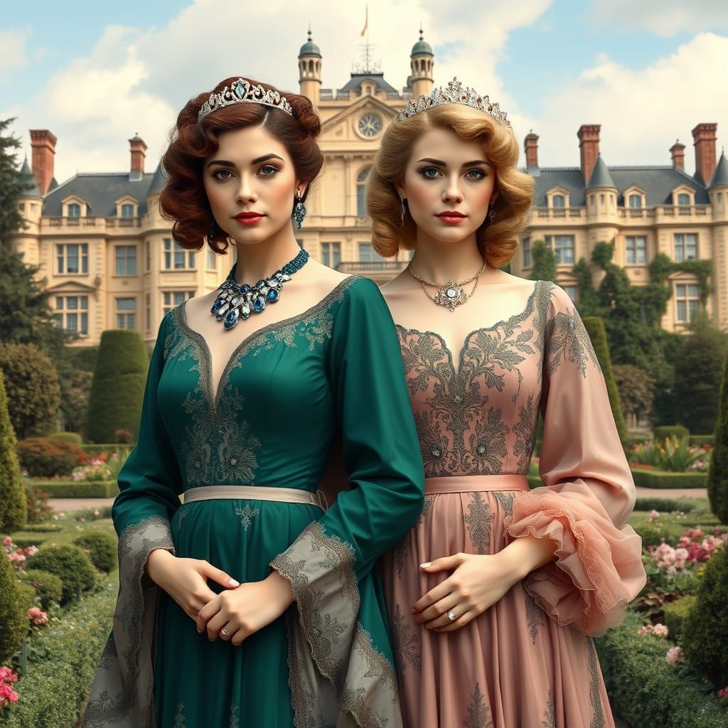 Edwardian Sisters in an Ornate Garden, Art Nouveau Style