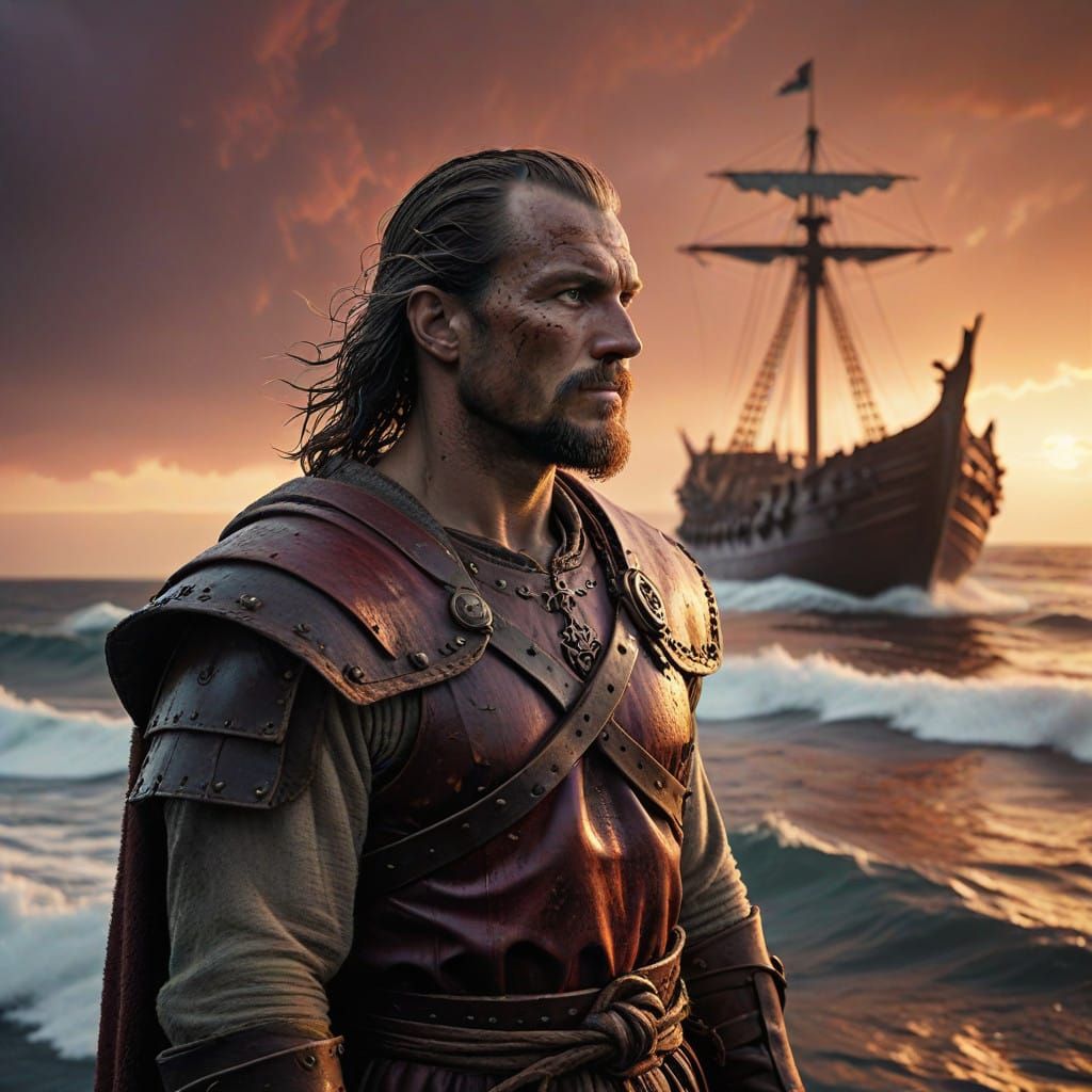 Viking Warrior on Stormy Seas in a Deep Crimson Sky