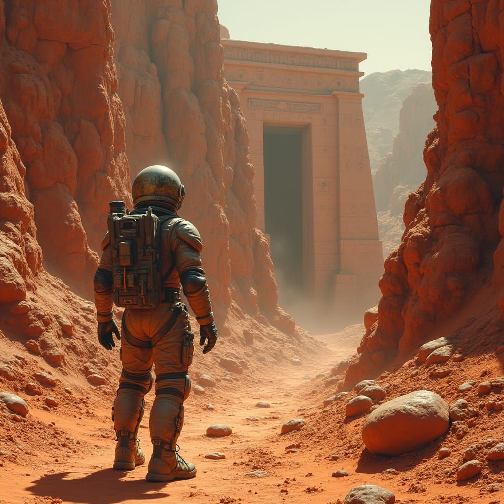 Astronaut and Ancient Ruins on Mars
