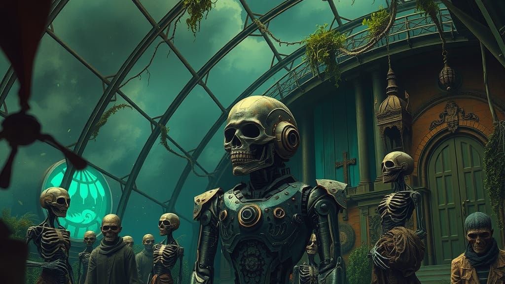 Cyborg in Dystopian Mars Colony Amidst Twisted Greenhouse