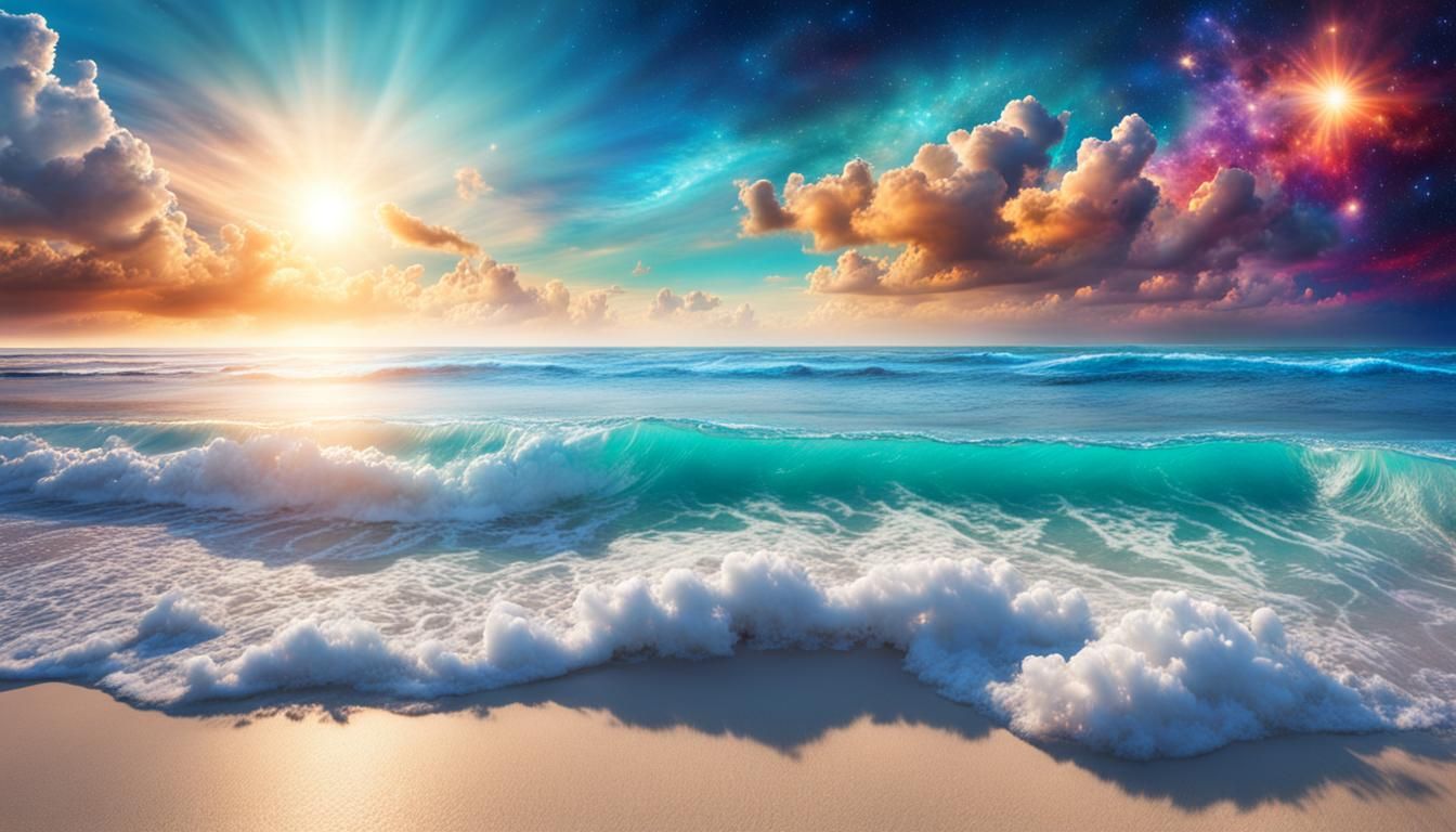 Epic Cosmic Beach Scene in Vibrant Digital Paint