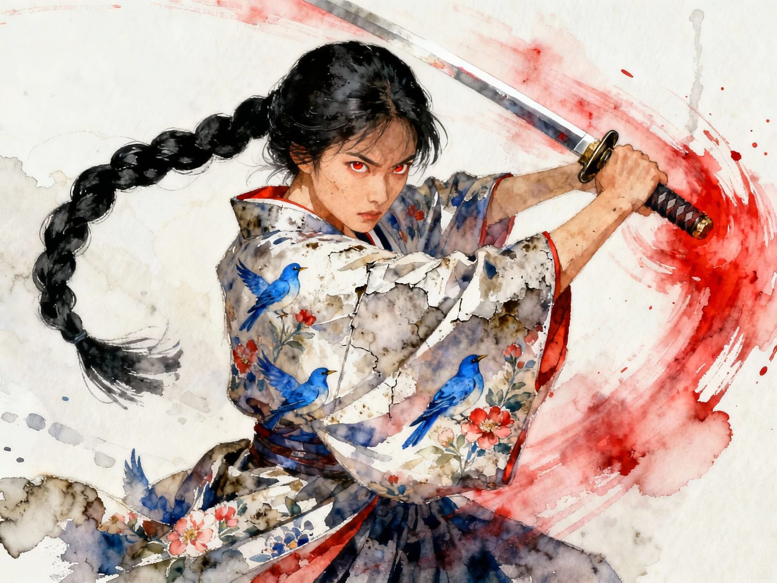 Samurai Warrior Slashes Katana in Watercolor Style