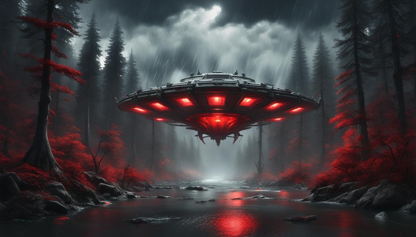 Starship Landing in Dark Forest: Sci-Fi Concept Art