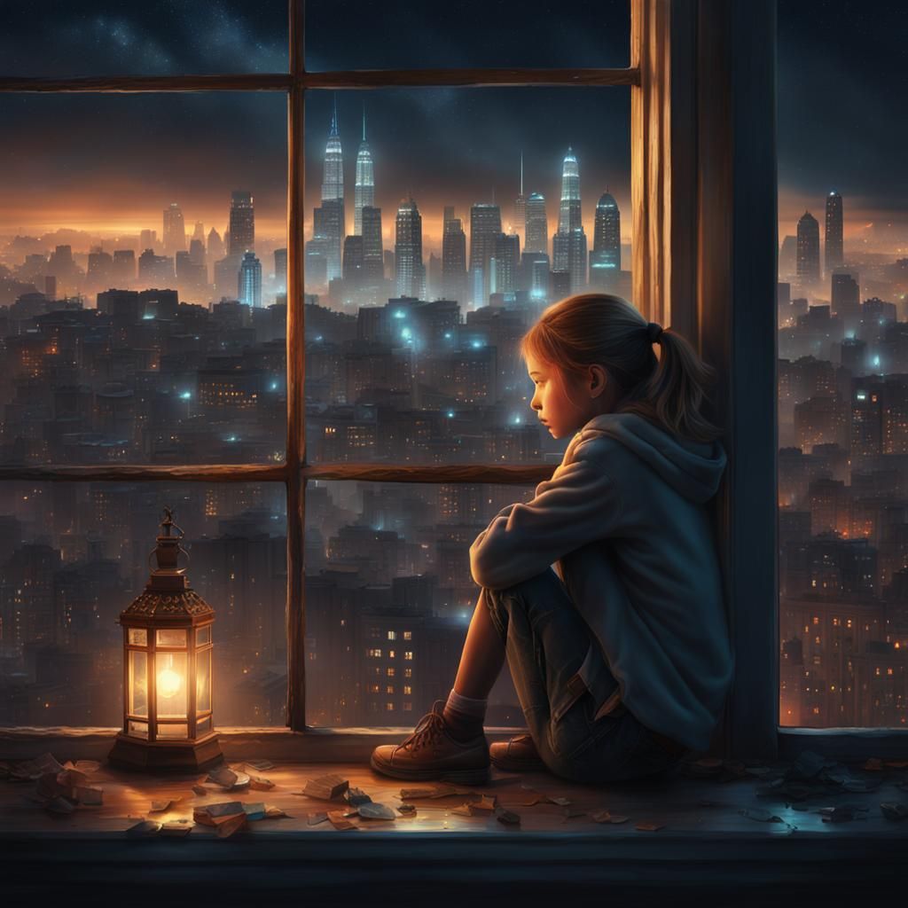 Girl on Windowsill Crying at Night