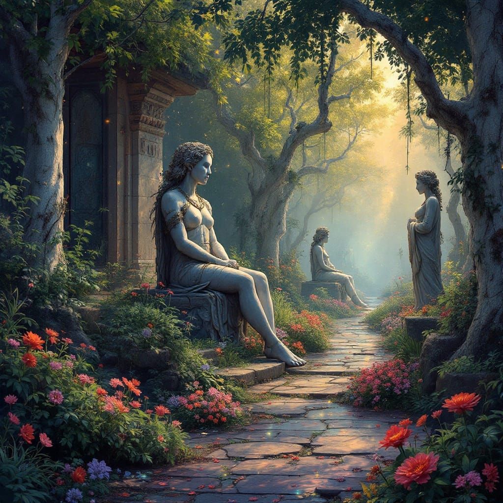 Surreal Garden Scene with Ancient Statues