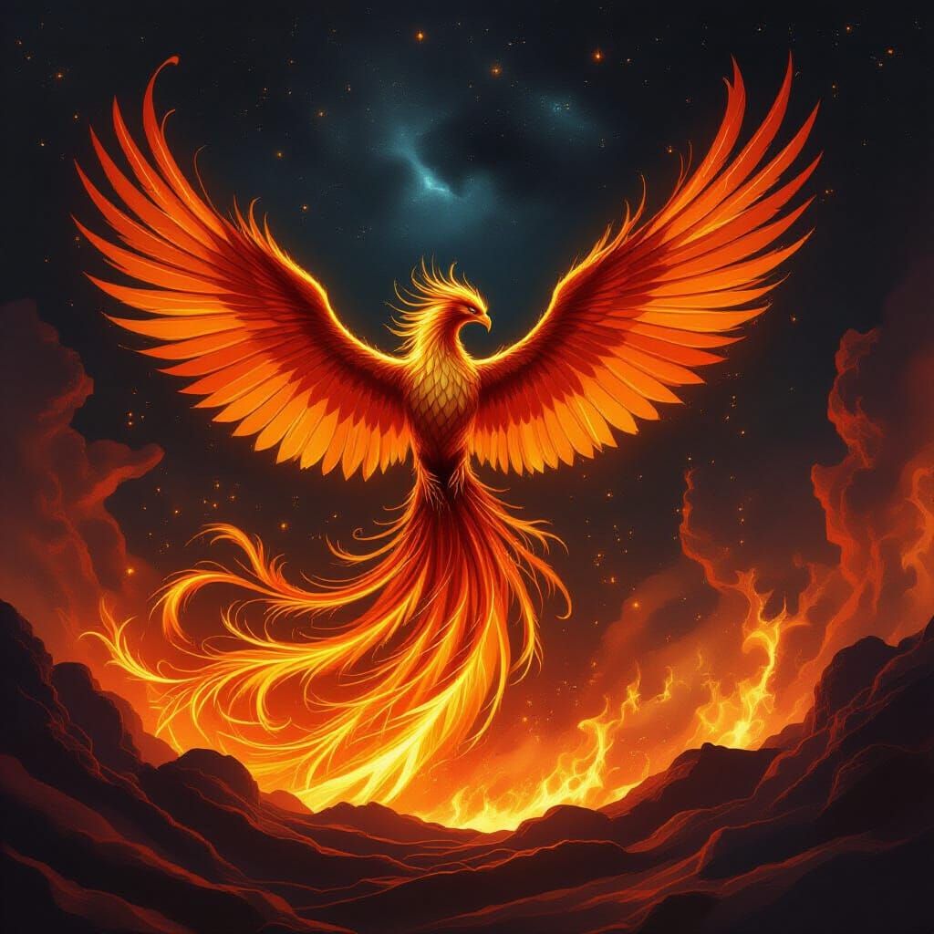 Majestic Phoenix Rises From Fiery Vortex in Cosmic Art