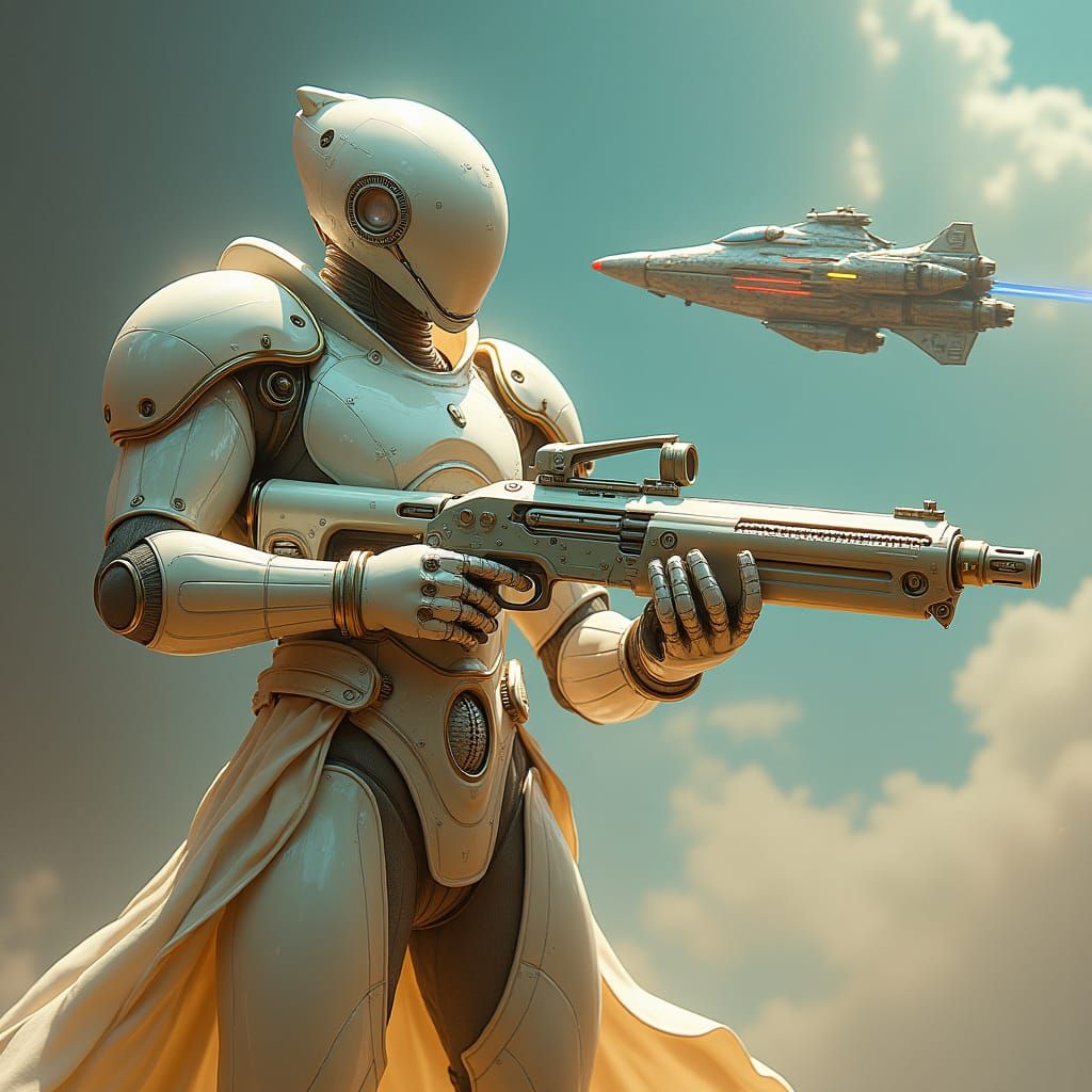 Alien Warrior with Futuristic Gun and Spacecraft