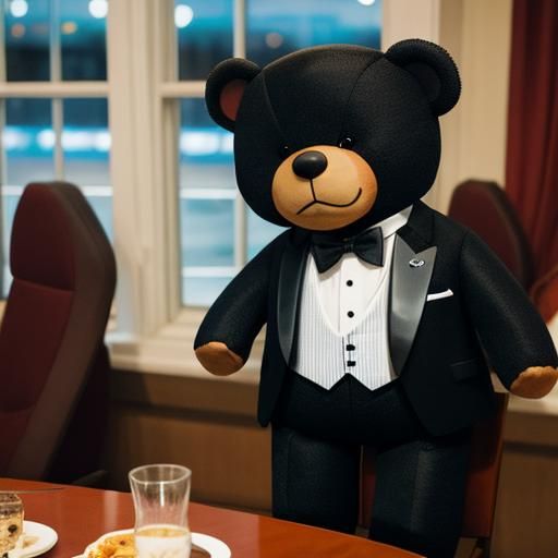 An anthropomorphic teddy bear wearing a tuxedo at a dinner p...