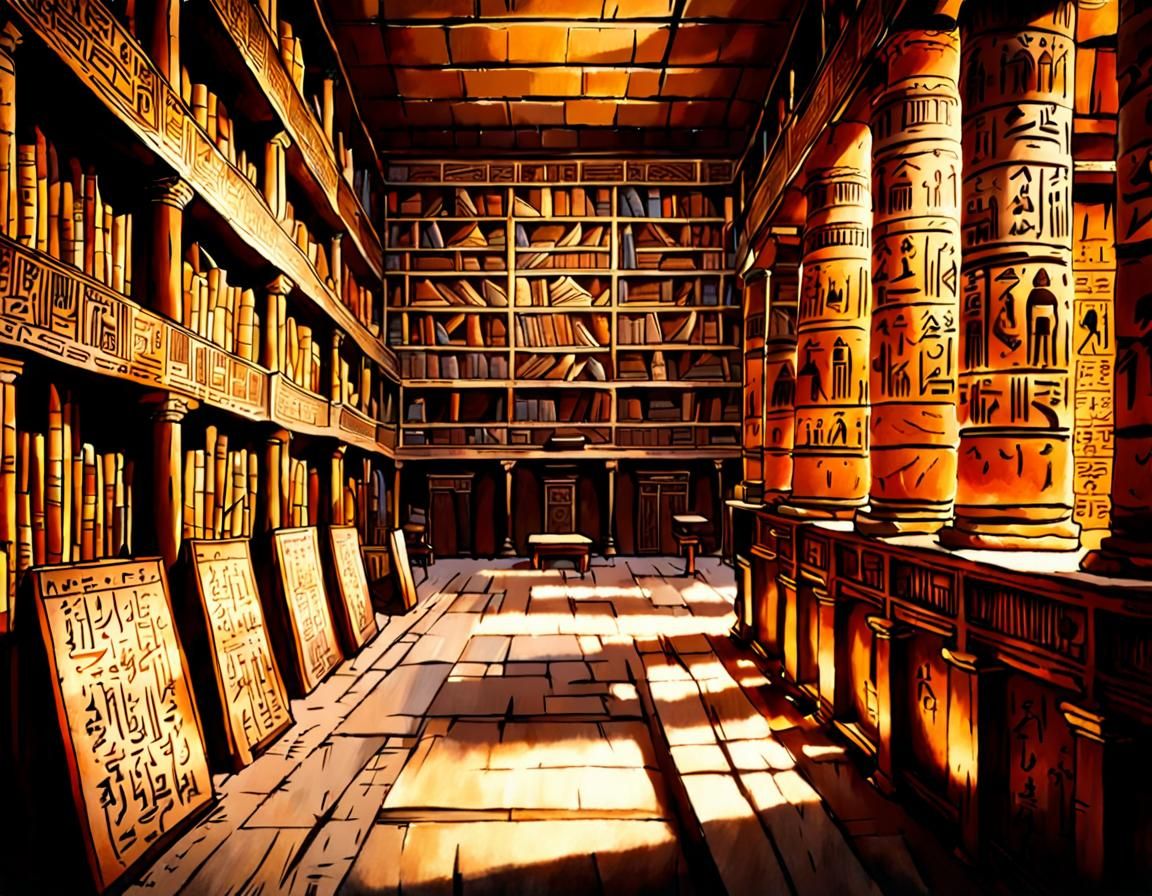 Ancient Egyptian Library with Papyrus Scrolls