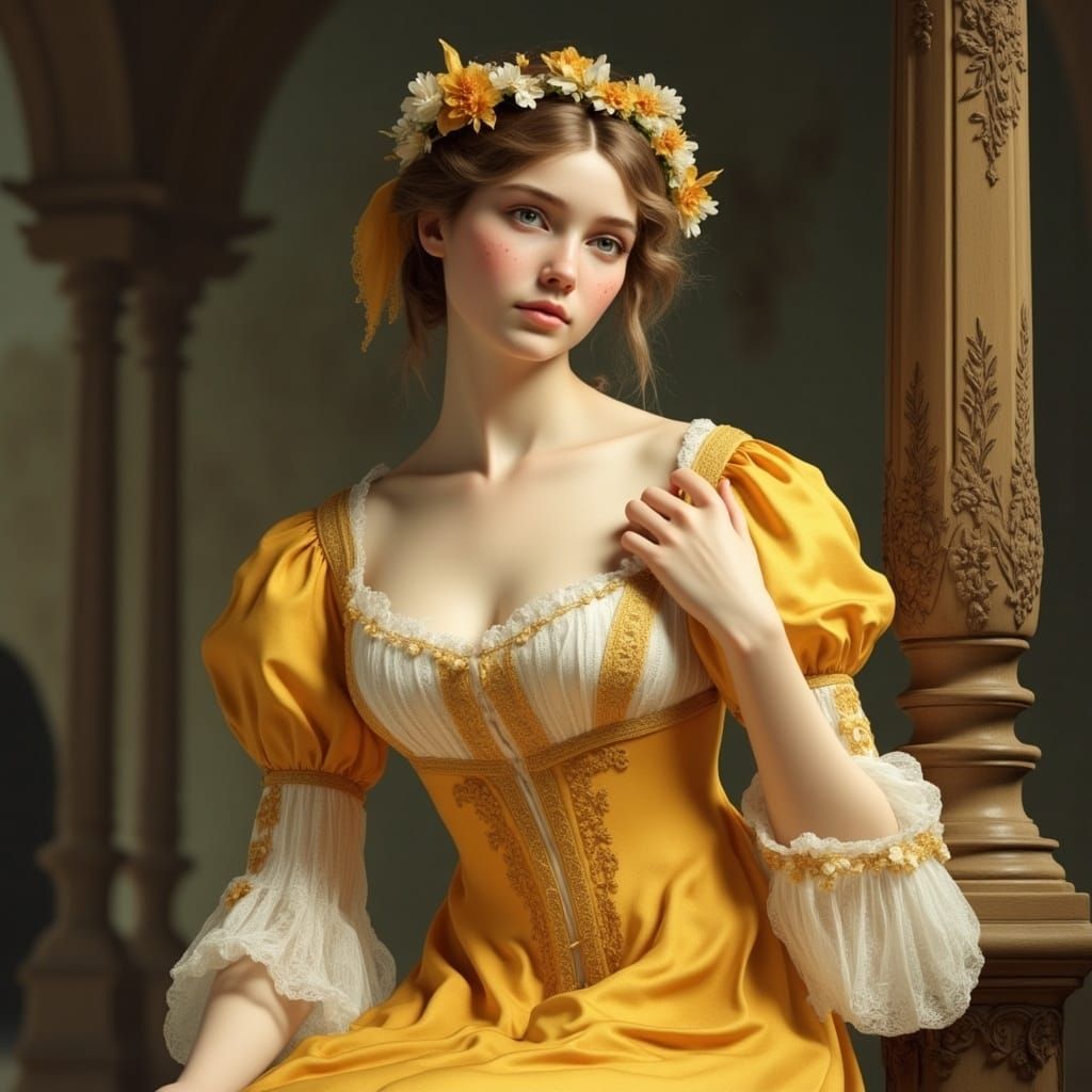 Young Woman in Regency Gown Playing Harp