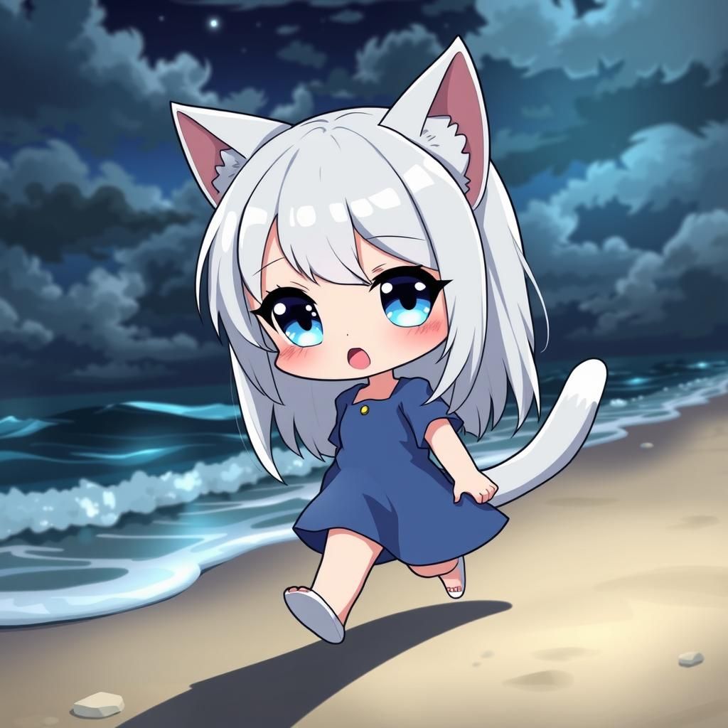 Adorable Anime Catgirl on Windy Beach at Night