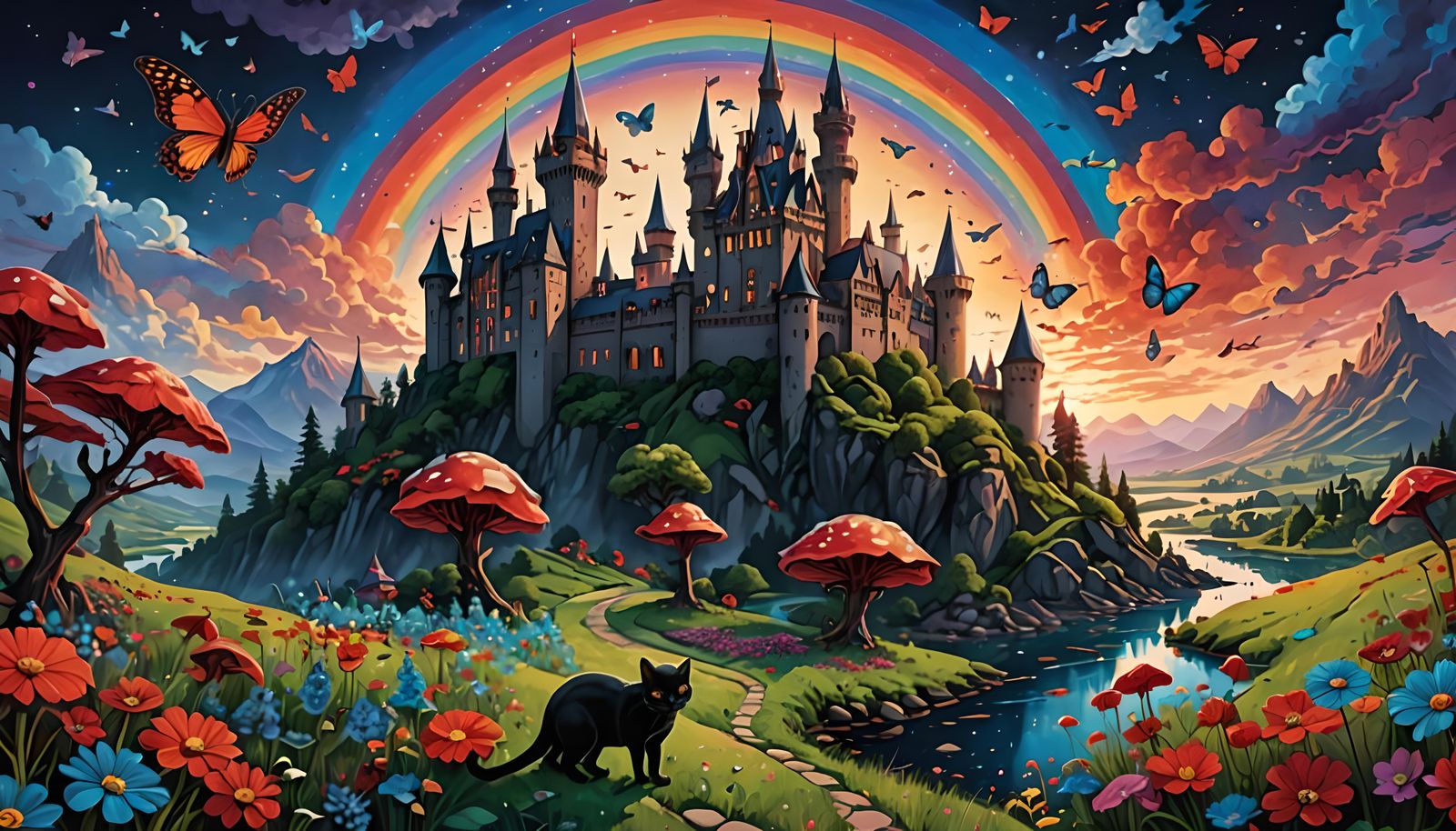 Fantasy Landscape with Dragons, Castle and Volcano