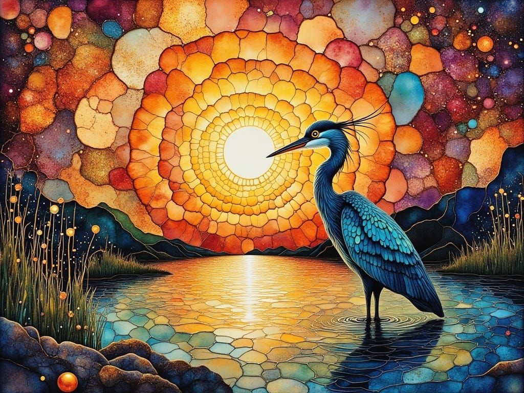 A Majestic Heron in Resplendent Mosaic at Sunset