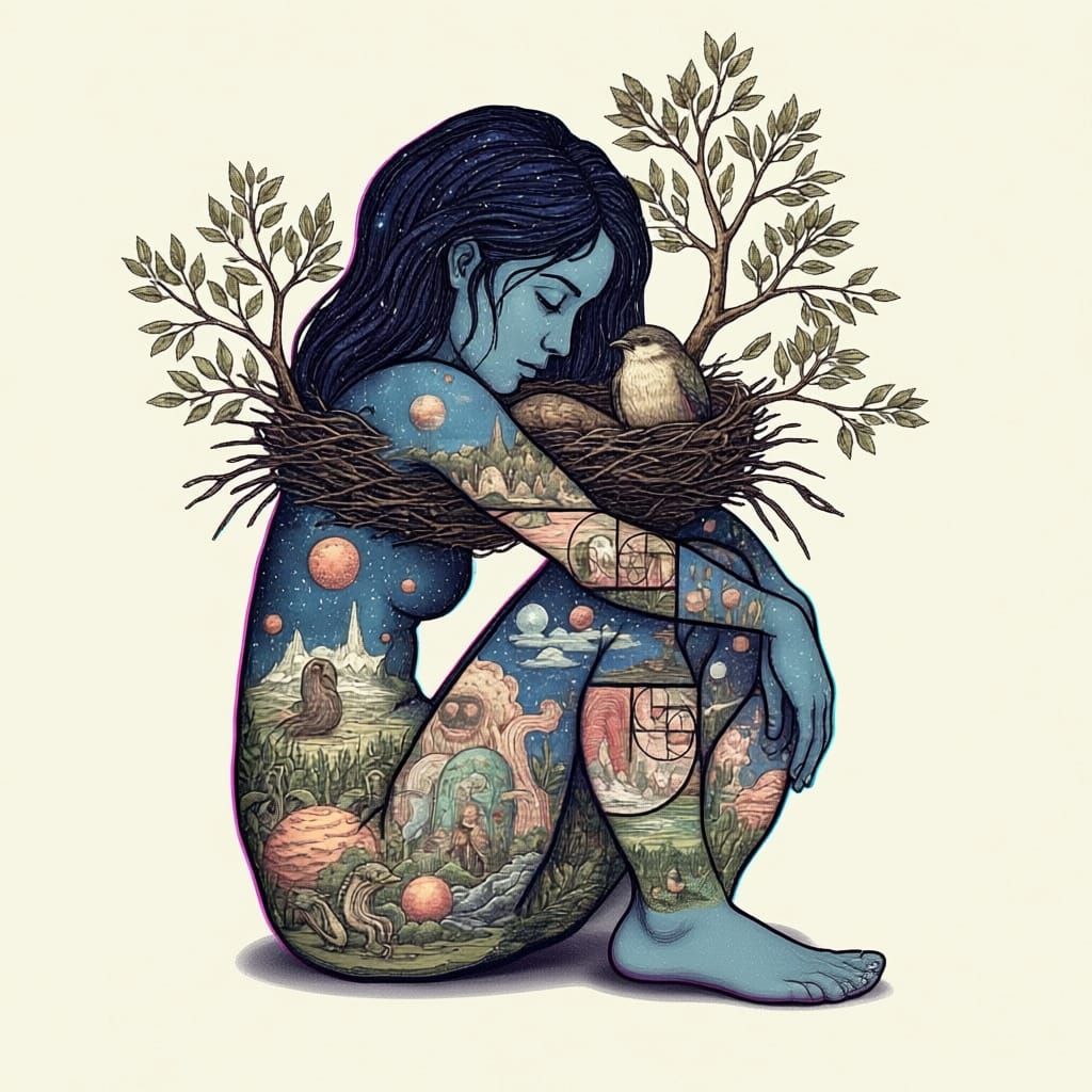 Surreal Nature Goddess with Birds and Branches