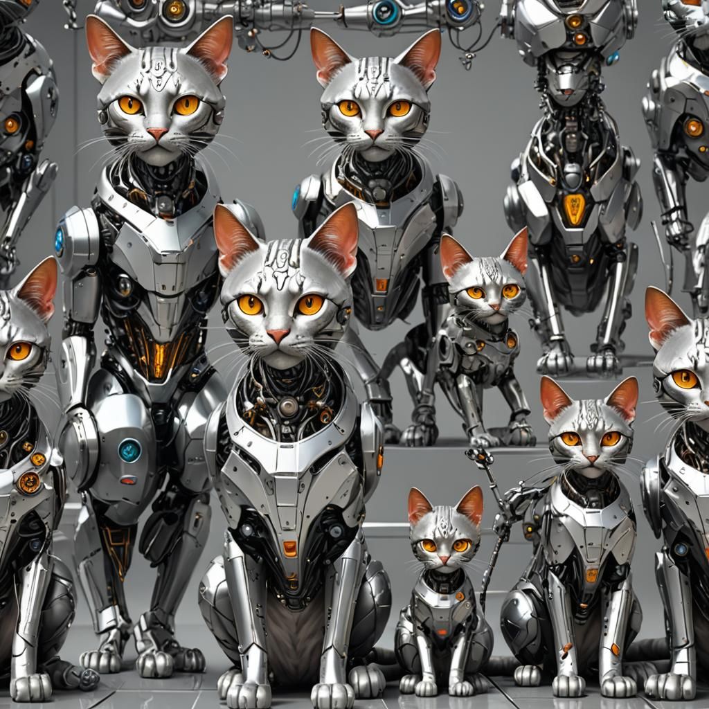 Futuristic Robotic Cat Family in Silver Metallic
