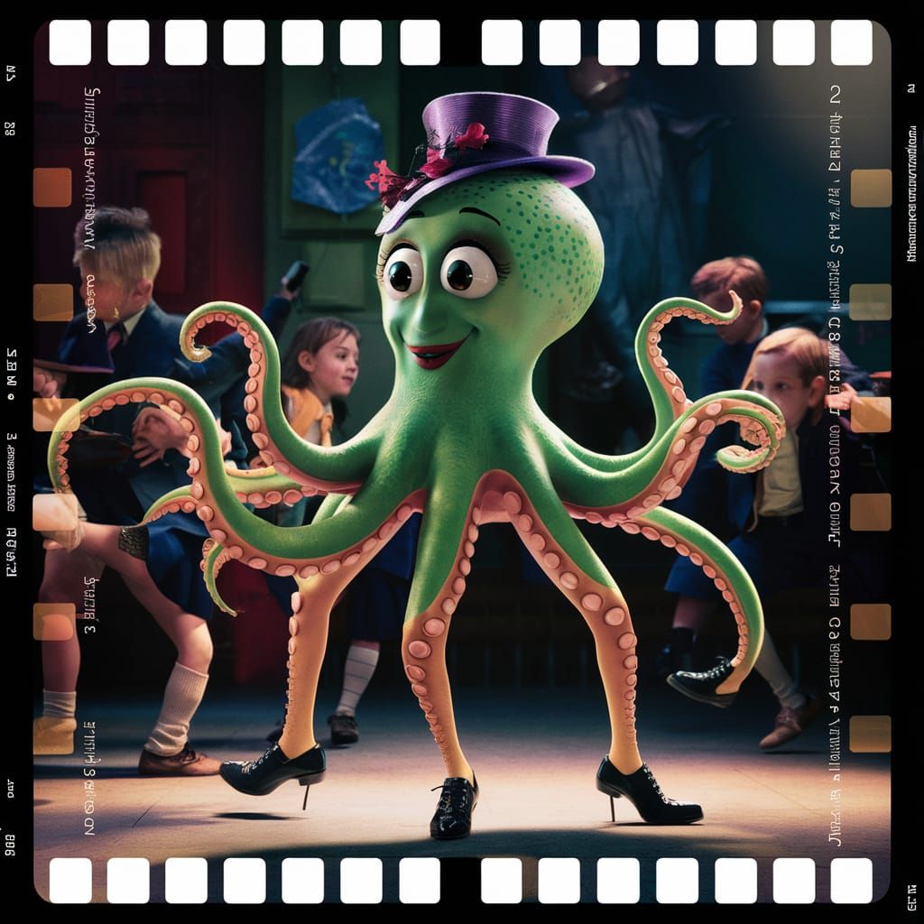 Dancing Green Octopus in Children's Movie Still