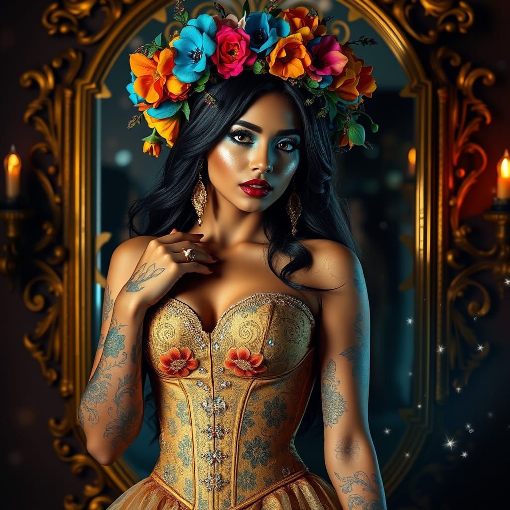 Latina Woman in Opulent Floral Dress and Crown