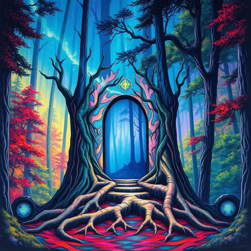 Iridescent Portal Gateway Beckons in Vibrant Forest