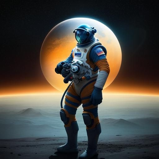 a bonobo in a spacesuit. It is holding  the helmet in his ha...