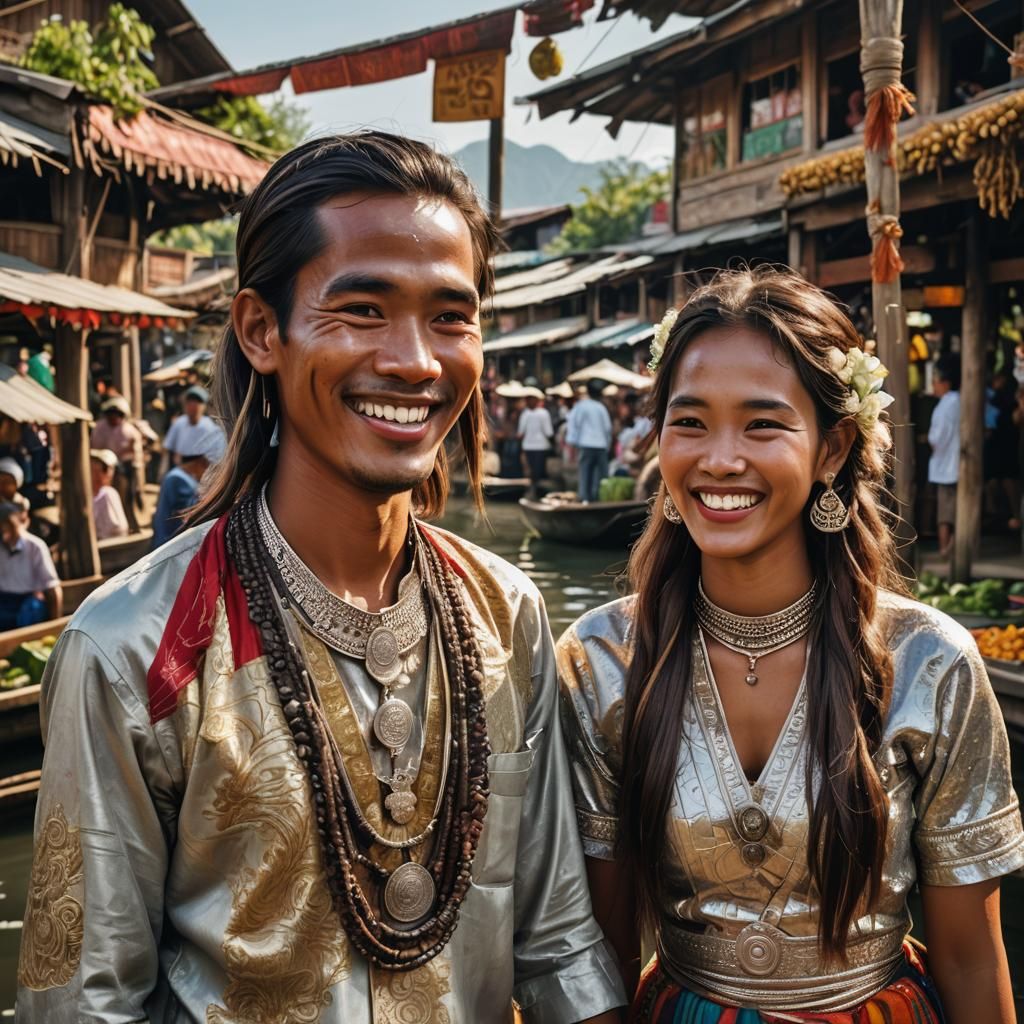 Burmese Woman and Man at Floating Market, Splash Art