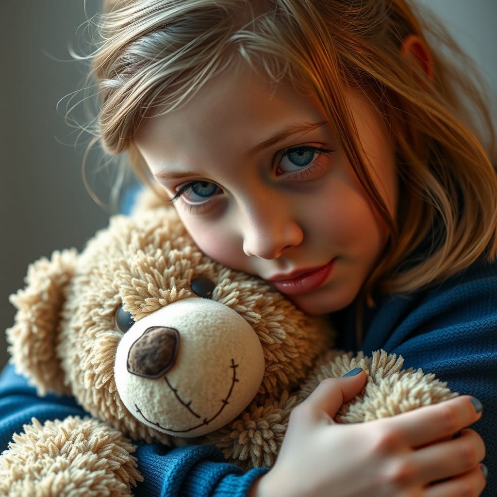 Child's Portrait in Zaffre Blue Hugging a Teddy Bear