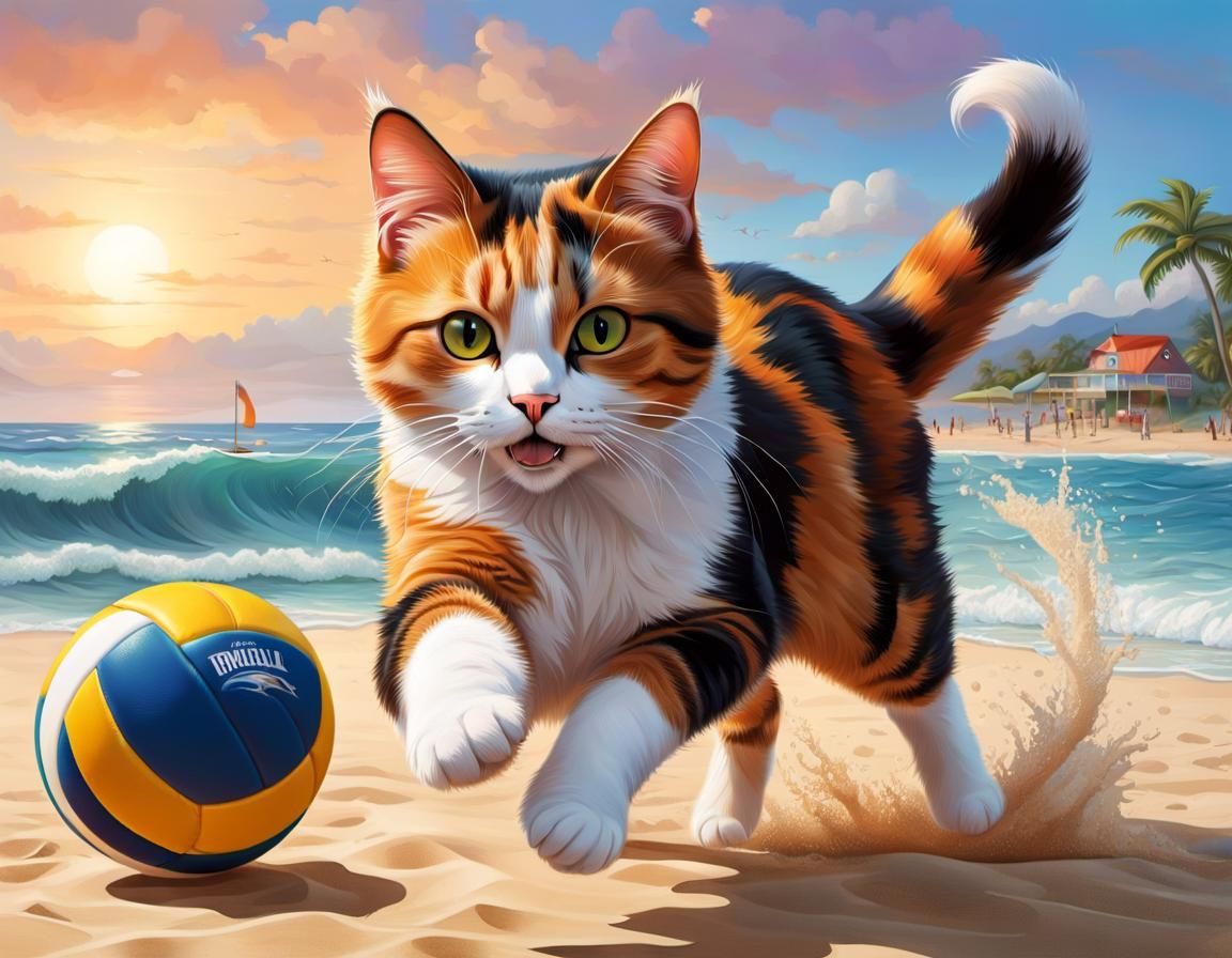 Calico Cat Plays Beach Volleyball: Splash Art