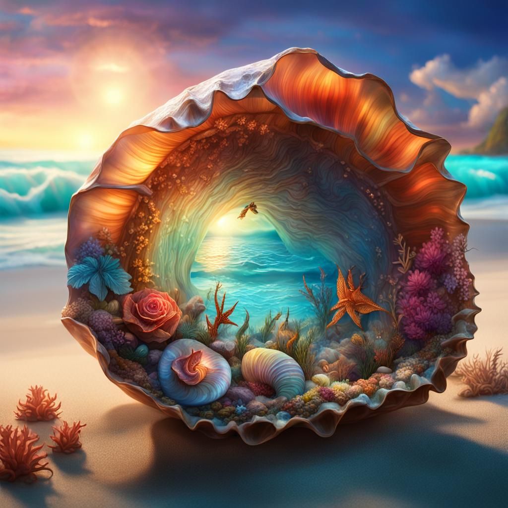 Enchanted Beach Inside Giant Conch Shell: Fantasy Art