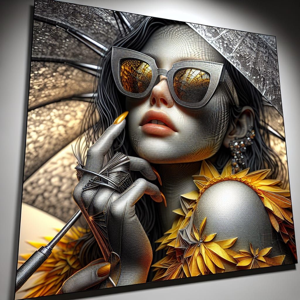 Woman in Sunglasses: Photorealistic Metallic Watercolor Port...