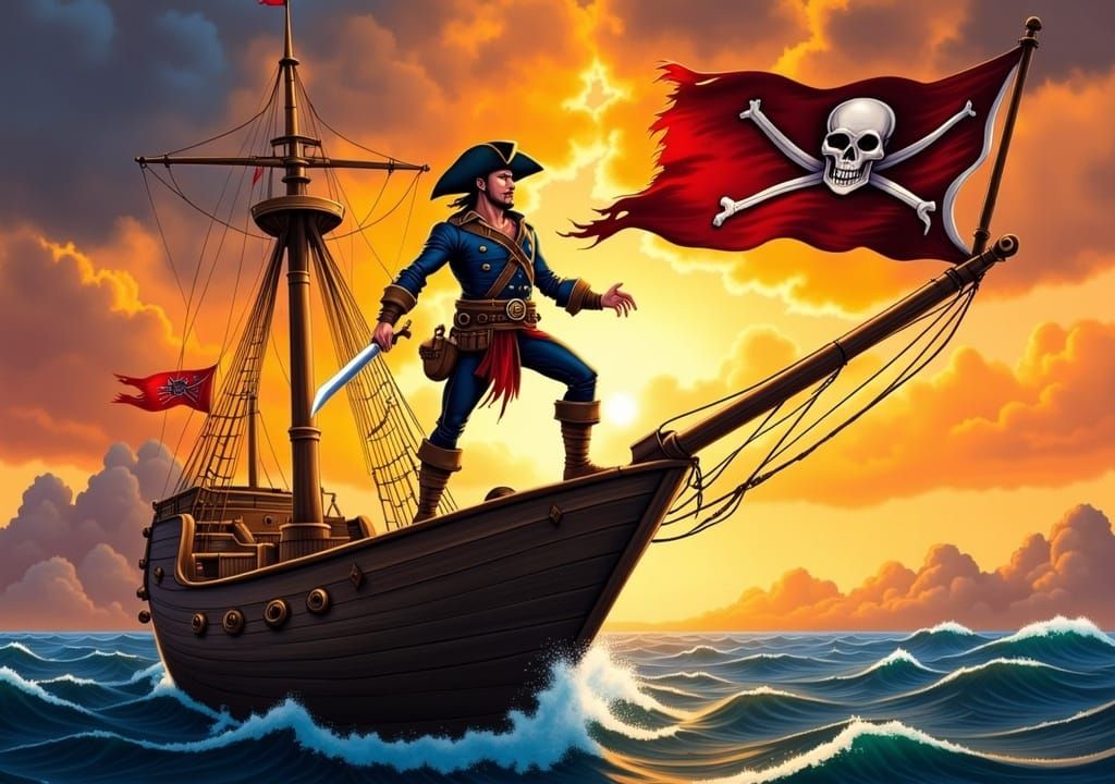 A pirate ship sails the sea, featuring a pirate proudly stan...