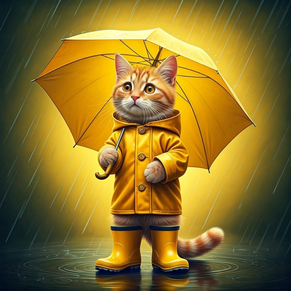 Kitten in Yellow Raincoat: Fantasy Concept Art