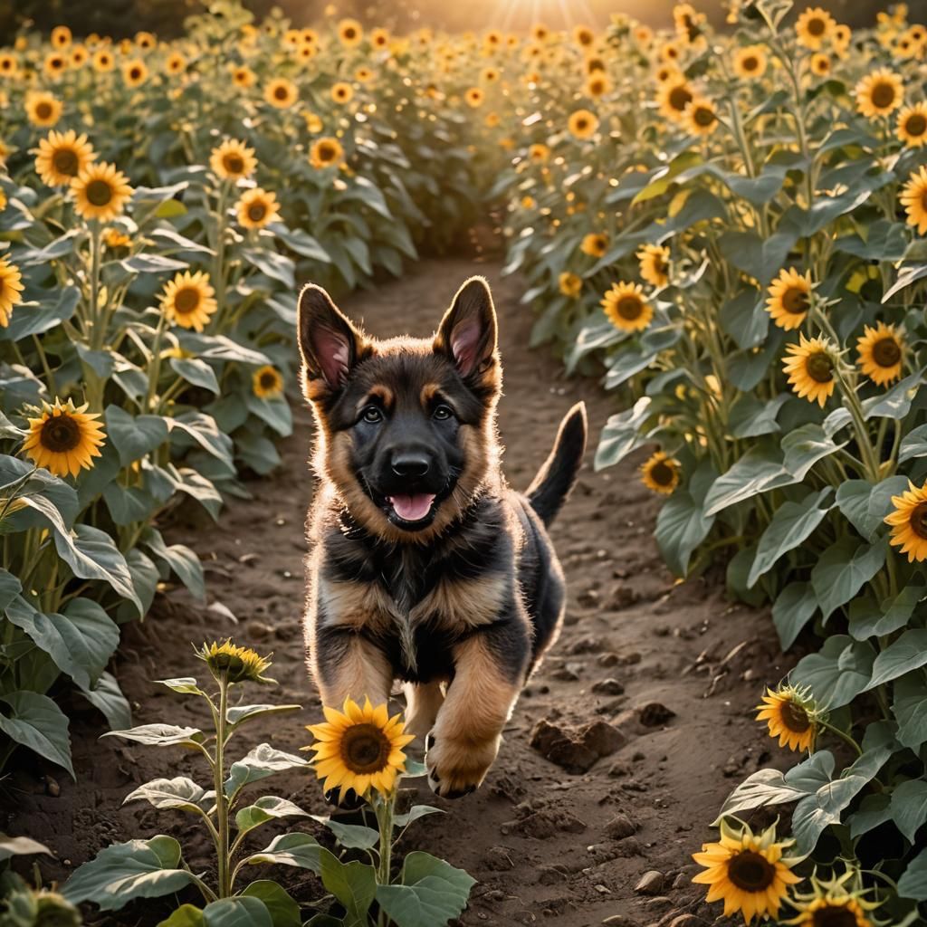 German Shepherd Puppy in Sunflower Garden