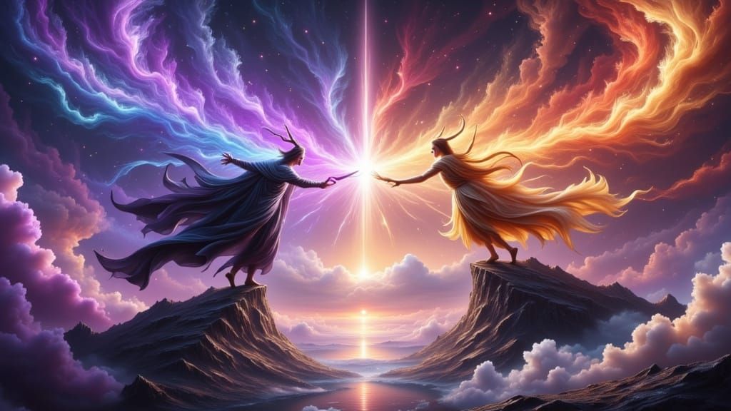 Mage Battle on Mountain Peak in Cosmic Style