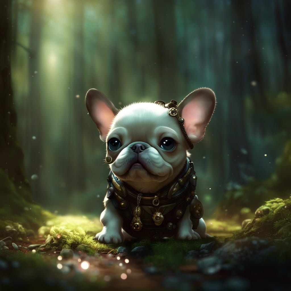 Chibi French Bulldog Puppy in Detailed Forest