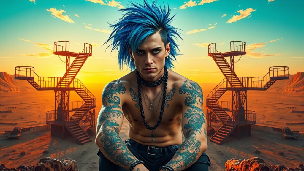 Punk Rocker in Post-Apocalyptic Sci-Fi Landscape