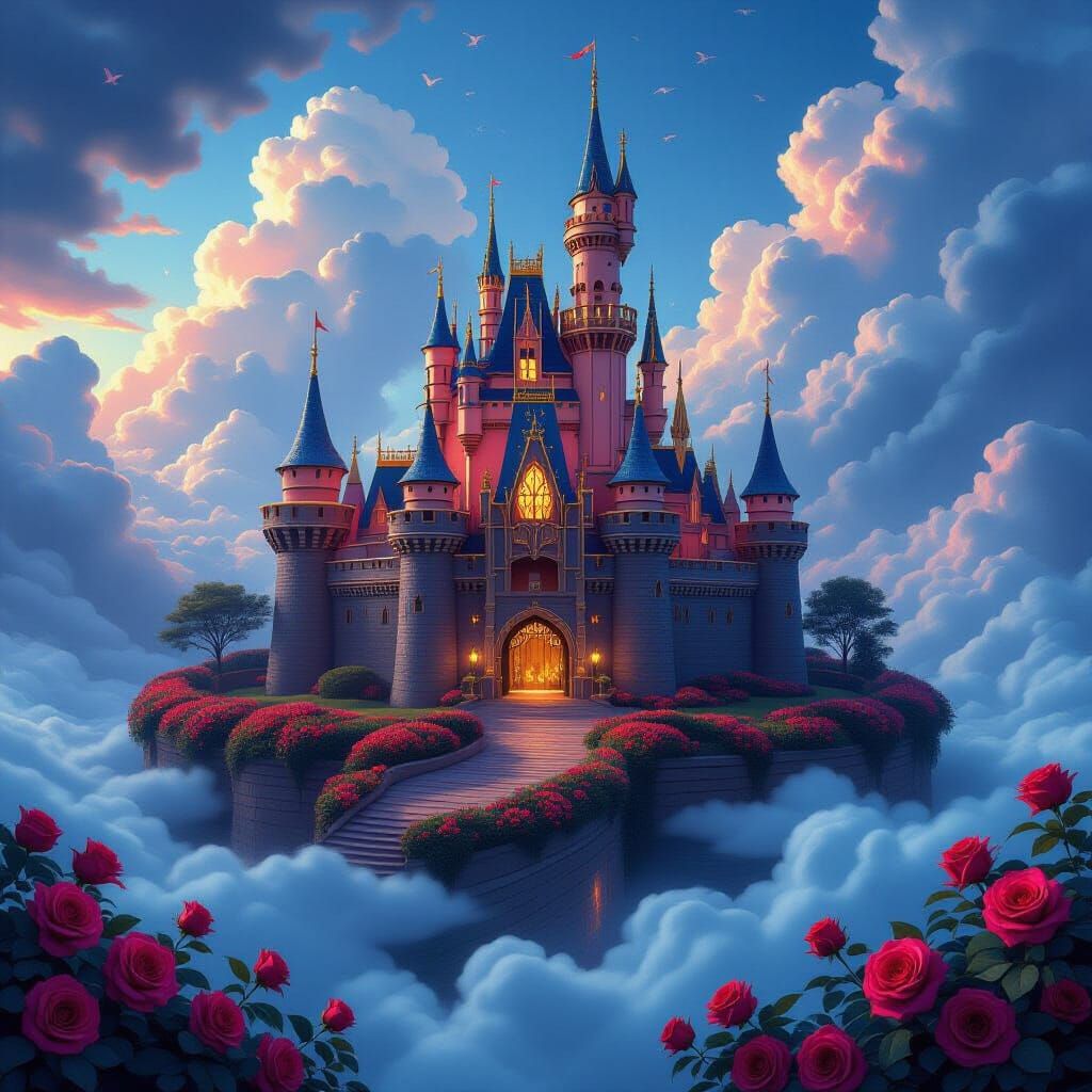 Floating Sandstone Castle Amidst Bioluminescent Roses