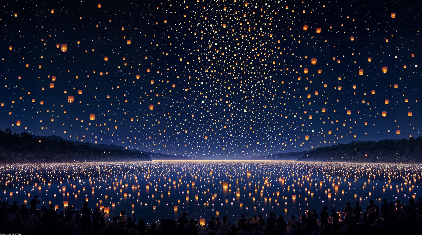 A Nighttime Festival of Colorful Lanterns on a Serene Waterw...