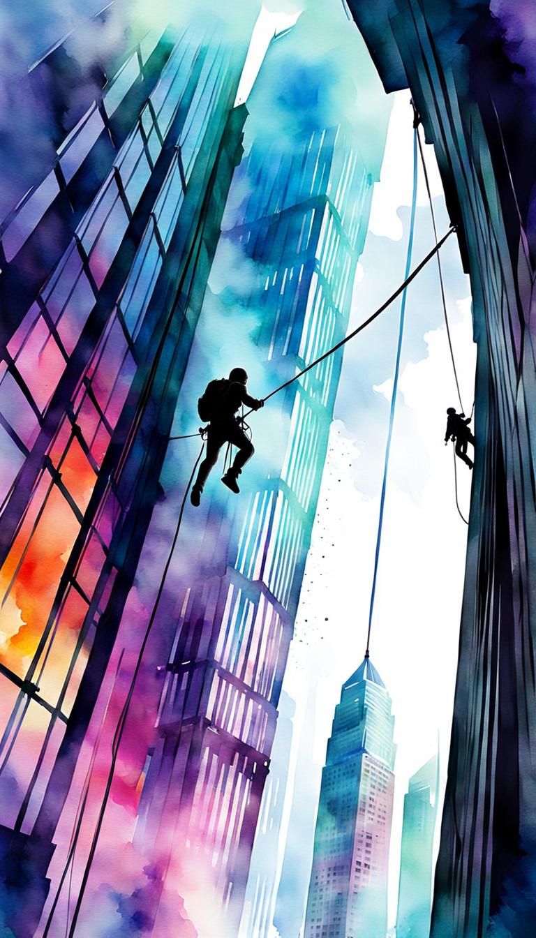 Silhouette Rappels Skyscraper in Digital Watercolor