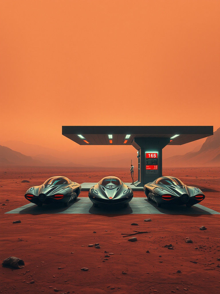 Futuristic Alien Gas Station on Mars in Dystopian Style
