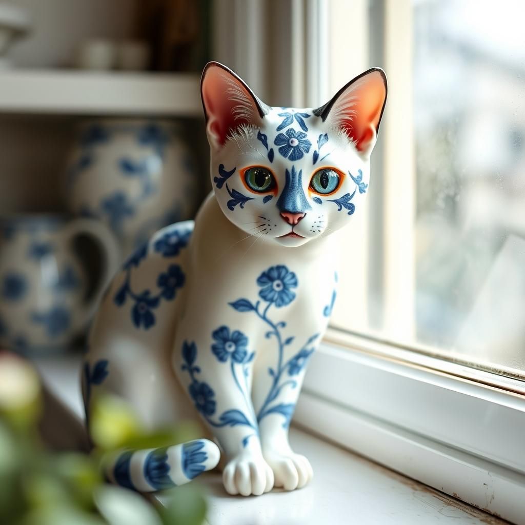 Blue Floral China Cat on Window Ledge