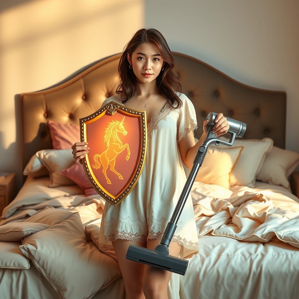 Dreamlike Scene with Unicorn Shield and Modern Vacuum
