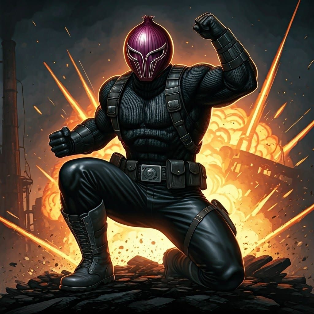 Cyberpunk Superhero in Onion Helmet